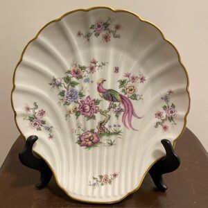 Vintage Limoges France Shell Scallop 8 1/4” tall Plate Gold trim Floral Peacock